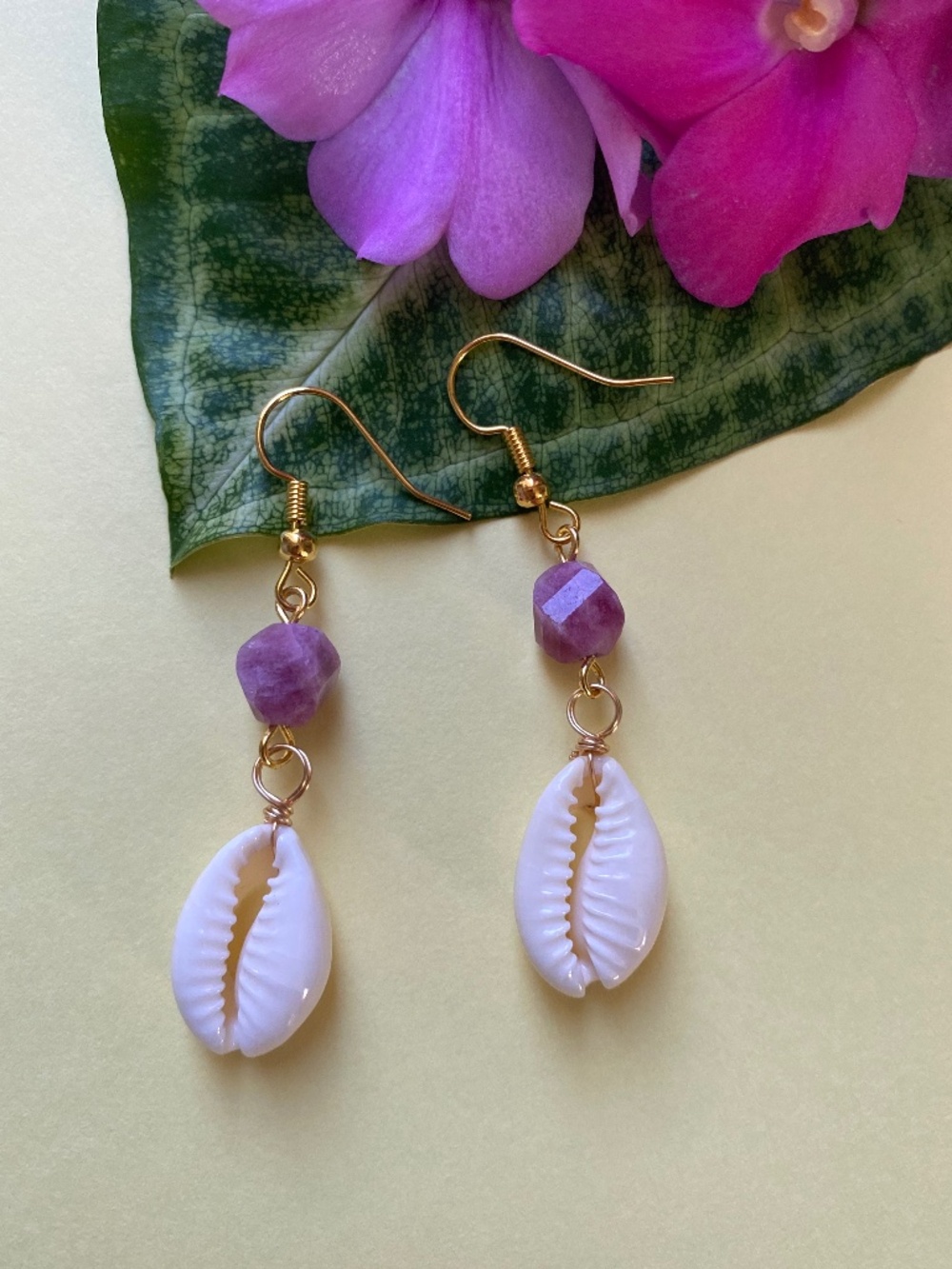 Handmade Seashell Dangle Earrings with Magenta Chalcedony